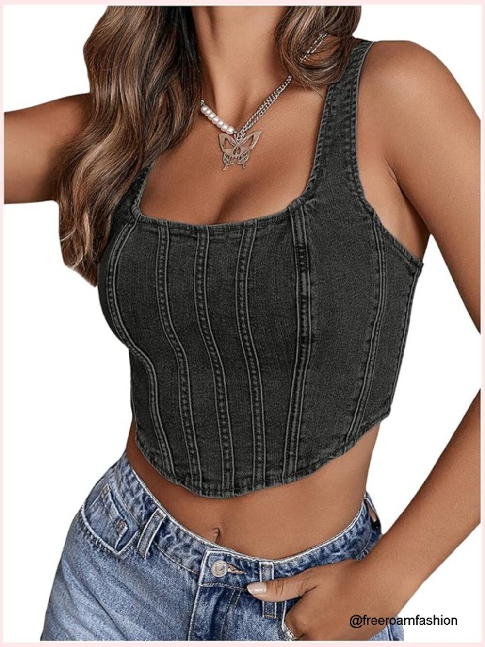 Square Neck Sleeveless Corset Denim Crop Tank Top with Zip Back